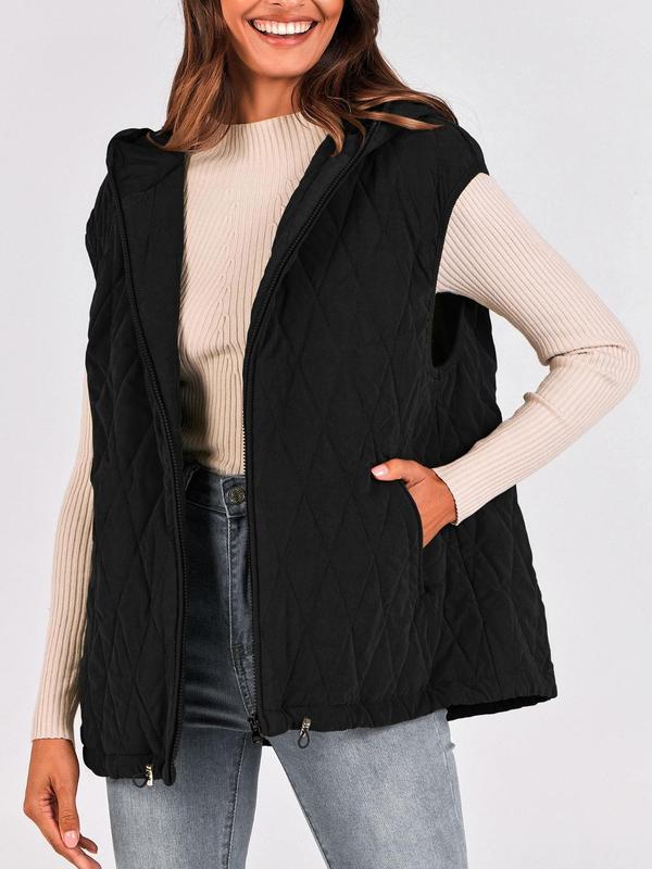  Solid Drawstring Pocket Zipper Hooded Vest Coat, Casual Batwing Sleeve Outerwear for Fall & Winter, Women's Clothes for Daily Wear